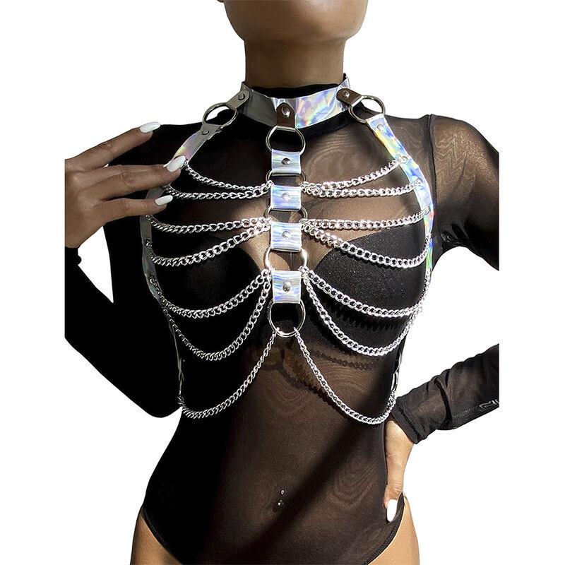 953737 CHEST HARNESS WITH RINGS AND CHAINS SILVER ONE SIZE
