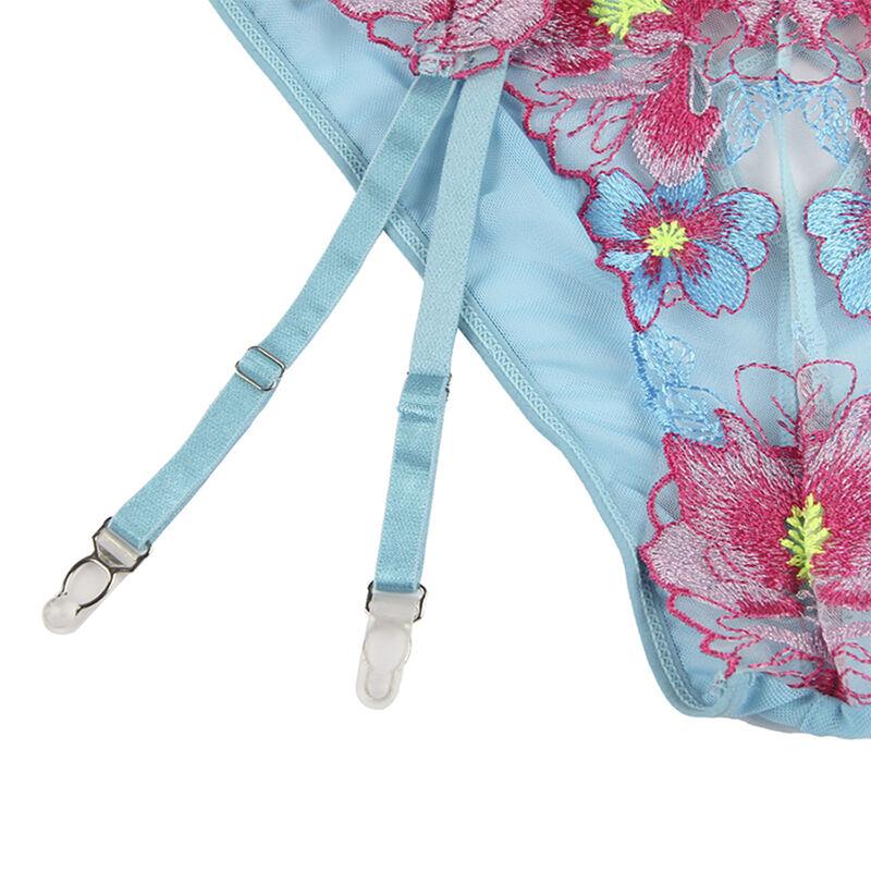 954109 BRA + PANTIES WITH GARTER BELT FLORAL DESIGN BLUE S/M