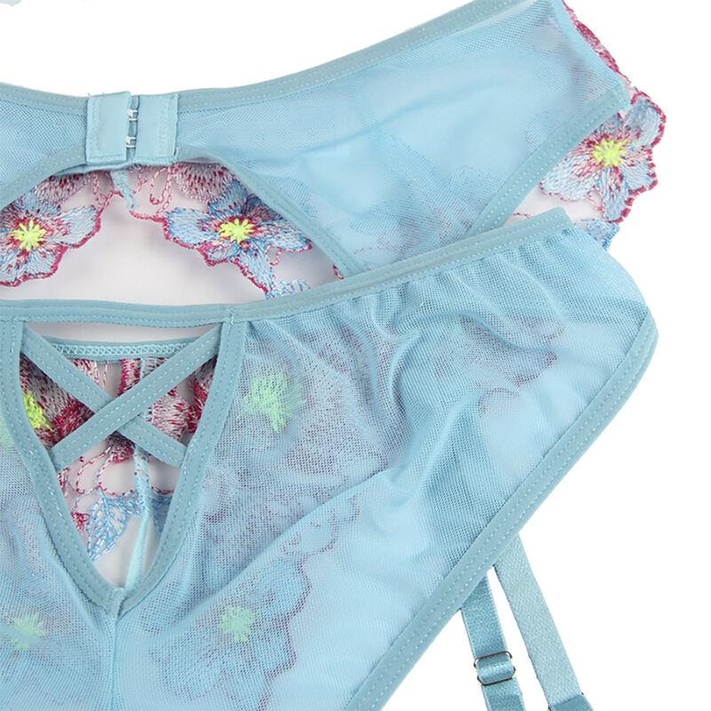 954109 BRA + PANTIES WITH GARTER BELT FLORAL DESIGN BLUE S/M