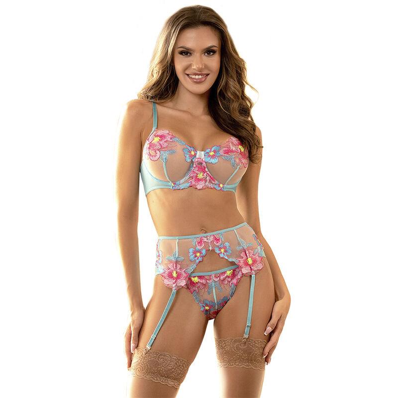 954116 BRA + PANTIES WITH GARTER BELT FLORAL DESIGN BLUE L/XL