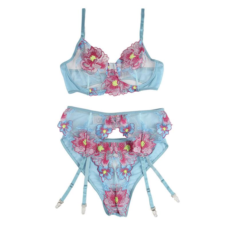 954116 BRA + PANTIES WITH GARTER BELT FLORAL DESIGN BLUE L/XL
