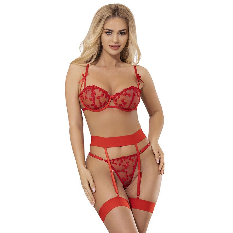 954338 HEART PRINT BRA + THONG + GARTER BELT RED L/XL
