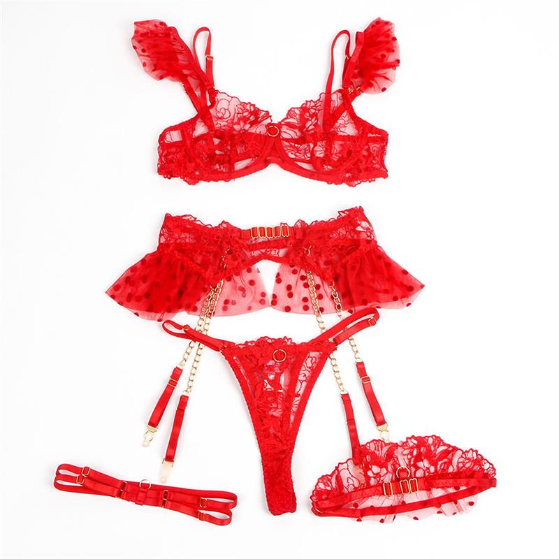 957506  LACE BRA AND GARTER SET RED S/M