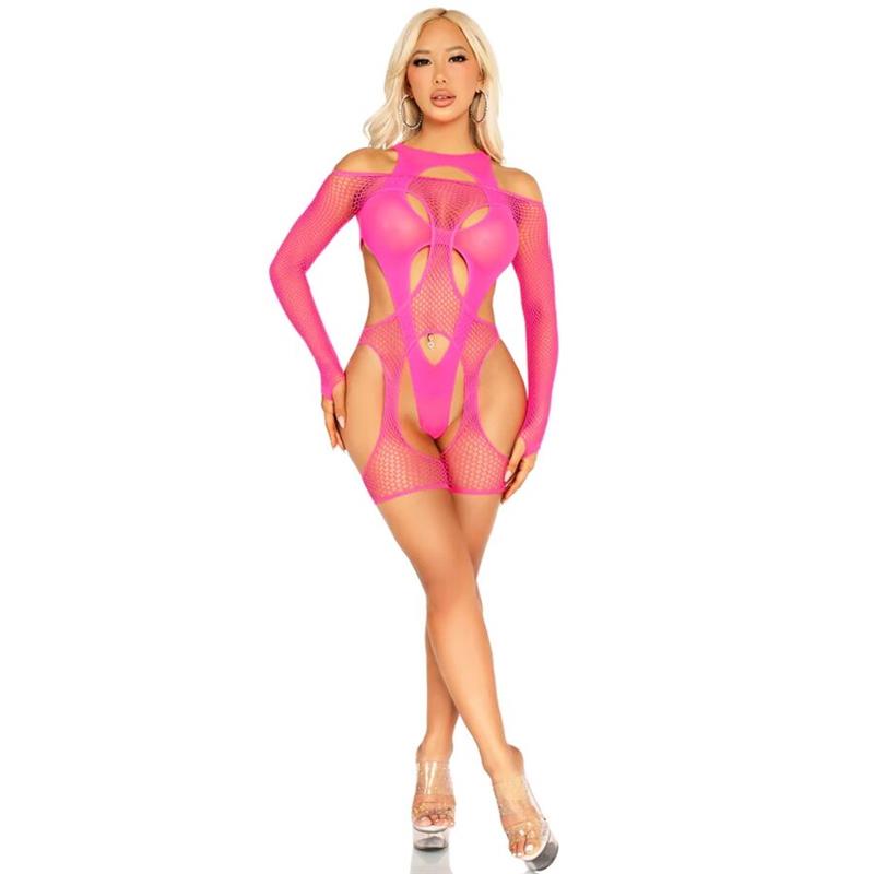 FISHNET BODYSTOCKING WITH GARTER BELT AND HARNESS NEON PINK