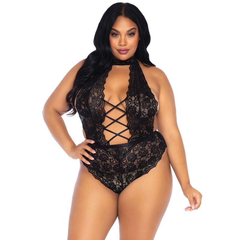 FLORAL LACE CROTHLESS TEDDY PLUS SIZE