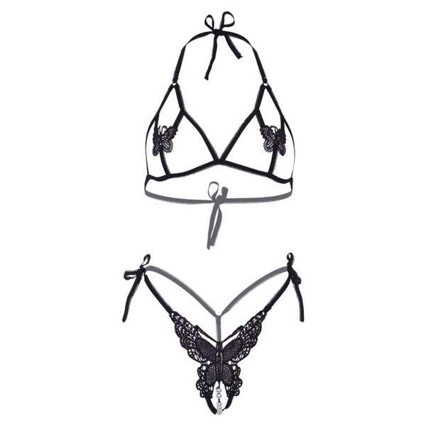 TWO PIECES SET BRA AND PANTY OF BUTTERFLIES & PEARLS ONE SIZE - BLACK