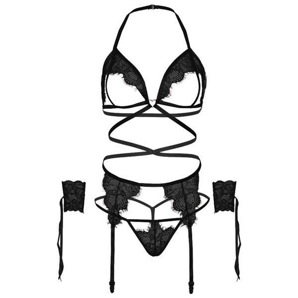 KOMPLET ČETIRI DELI BRA, G-STRING, PRIPENJALNI PAS IN ZAPESTNICE ENA VELIKOST - ČRNA