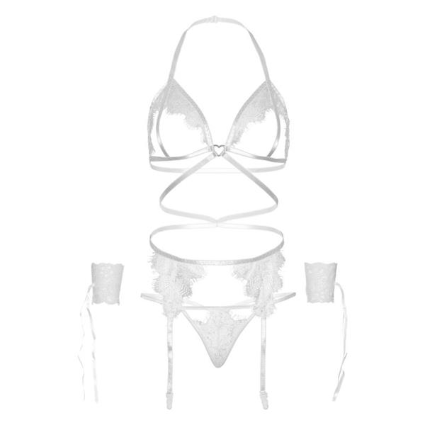 KOMPLET ČETIRI DELI BRA, G-STRING, PRIPENJALNI PAS IN ZAPESTNICE ENA VELIKOST - ČRNA