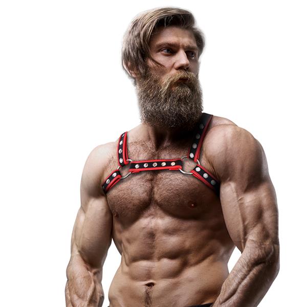 MENS ECO-LEATHER CHEST BULLDOG HARNESS BLACK/RED