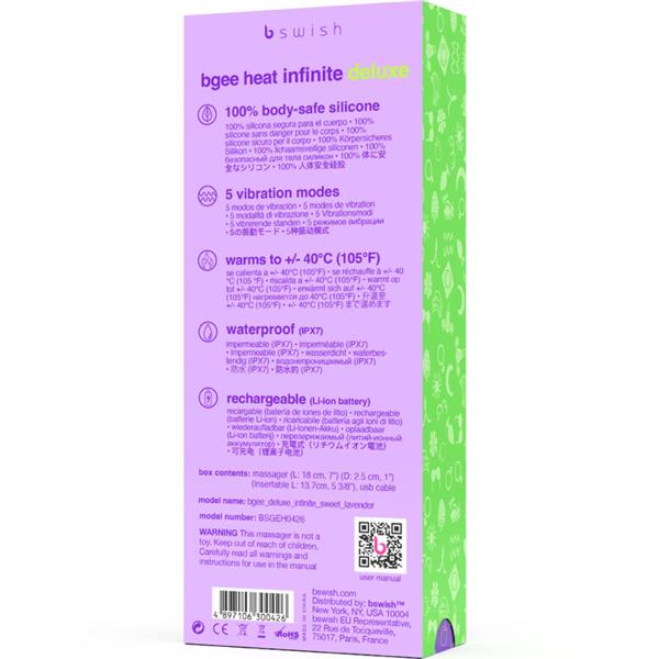 BGEE HEAT INFINITE DELUXE RECHARGEABLE VIBRATOR LAVENDER SILICONE