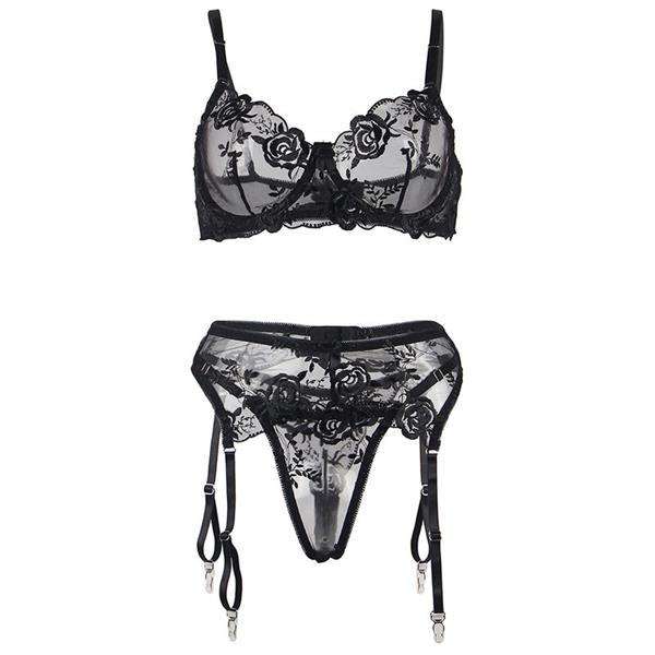 SET OF 3 PIECES BRA + THONG + GARTER FLORAL PRINT BLACK S/M