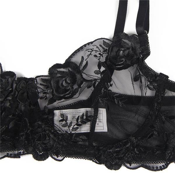 SET OF 3 PIECES BRA + THONG + GARTER FLORAL PRINT BLACK S/M