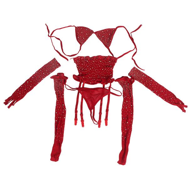 952181 FISHNET BODYSTOCKING WITH GLOVES AND DIAMONDS RED ONE SIZE