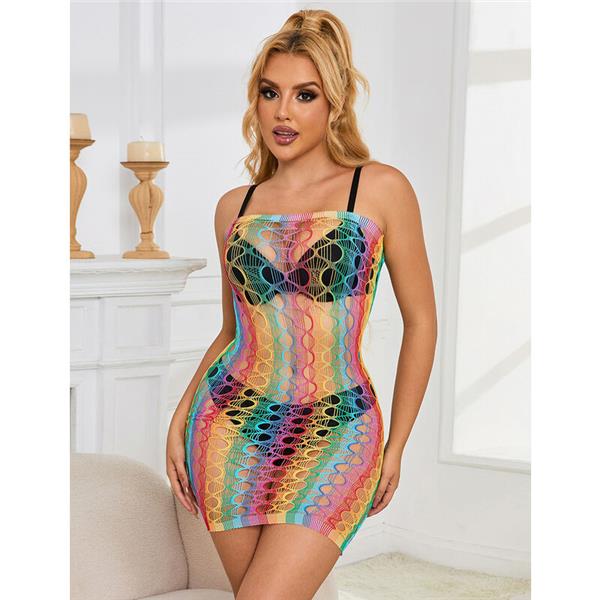 952365 RAINBOW BARE SHOULDER FISHNET DRESS ONE SIZE