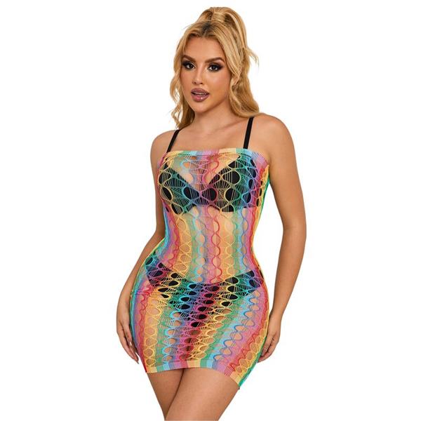 952365 RAINBOW BARE SHOULDER FISHNET DRESS ONE SIZE