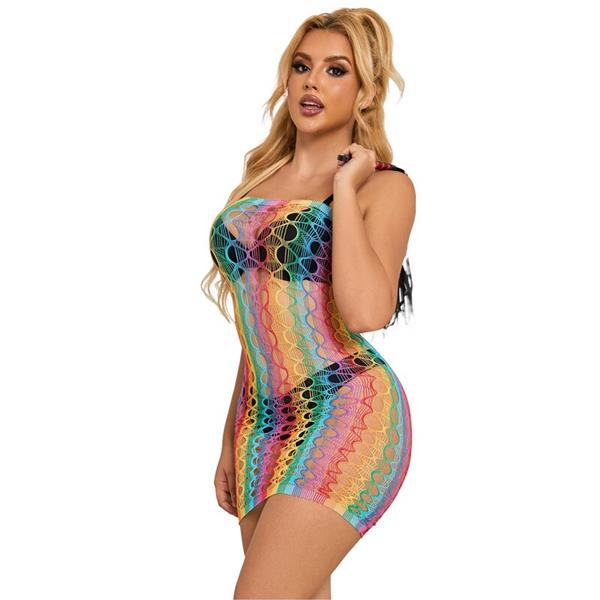 952365 RAINBOW BARE SHOULDER FISHNET DRESS ONE SIZE