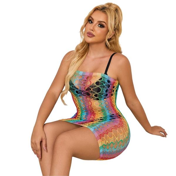952365 RAINBOW BARE SHOULDER FISHNET DRESS ONE SIZE