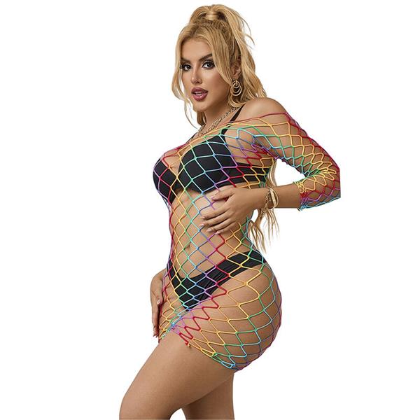 952426 RAINBOW LONG SLEEVE FISHNET DRESS ONE SIZE