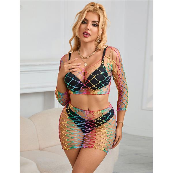 952440 2-PIECE FISHNET SET LONG SLEEVE RAINBOW ONE SIZE