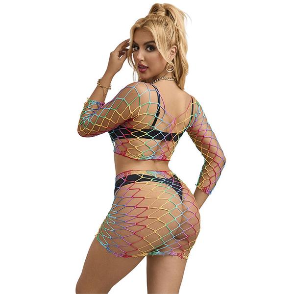 952440 2-PIECE FISHNET SET LONG SLEEVE RAINBOW ONE SIZE