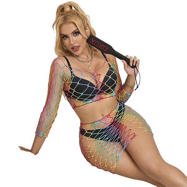 952440 2-PIECE FISHNET SET LONG SLEEVE RAINBOW ONE SIZE