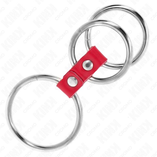 TRIPLE METAL PENIS RING 3.7 CM TO 5 CM CONNECTED WITH RED LEATHER