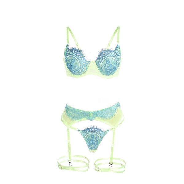 955311 SET OF BRA WITH LACE AND GARTER LINES GREEN AND BLUE S/M