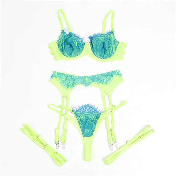 955328 BRA SET WITH LACE AND GARTER LINES GREEN AND BLUE L/XL