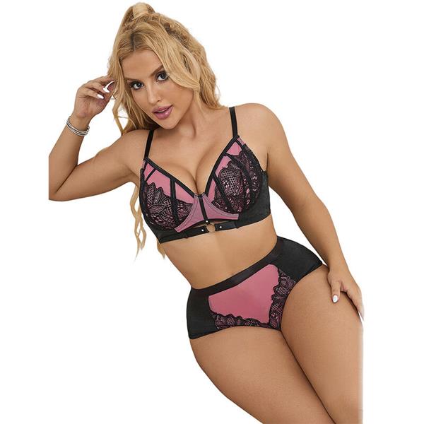 955588 PINK PATENT LEATHER MESH ZIPPER BRA SET L/XL