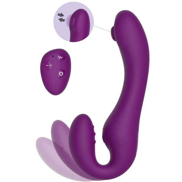2 V 1 BREZPASOVNI STRAP-ON VIBRATOR Z DALJINSKIM UPRAVLJALNIKOM V PURPURNI BARVI