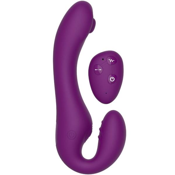 2 V 1 BREZPASOVNI STRAP-ON VIBRATOR Z DALJINSKIM UPRAVLJALNIKOM V PURPURNI BARVI