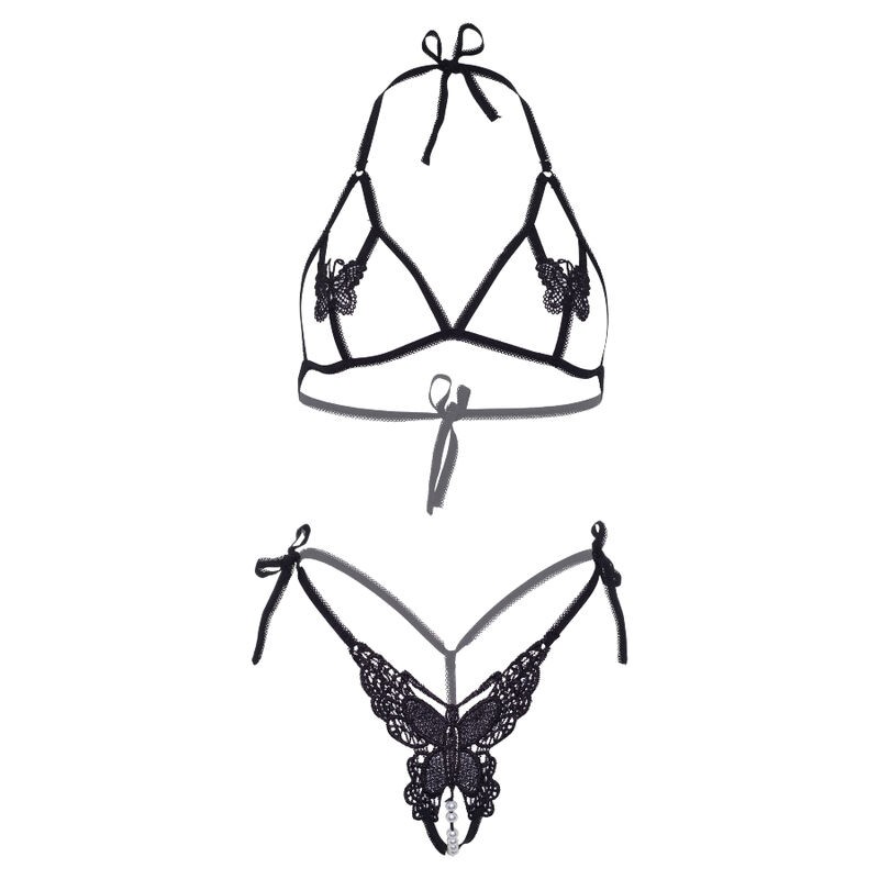 TWO PIECES SET BRA AND PANTY OF BUTTERFLIES & PEARLS ONE SIZE - BLACK