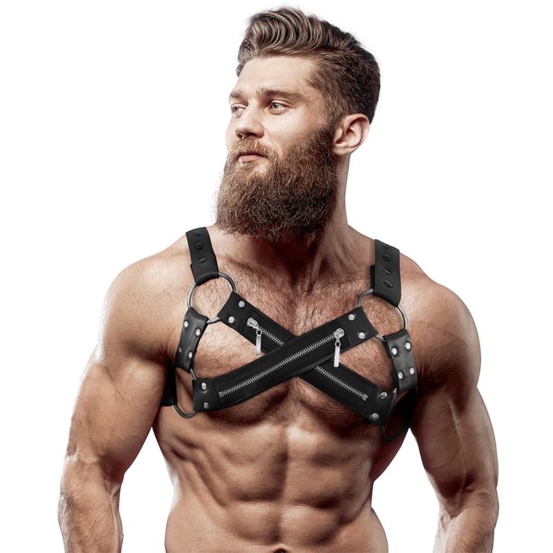 ADJUSTABLE NEOPRENE CROSS-OVER CHEST BULLDOG HARNESS WITH ZIPPERS FOR MEN