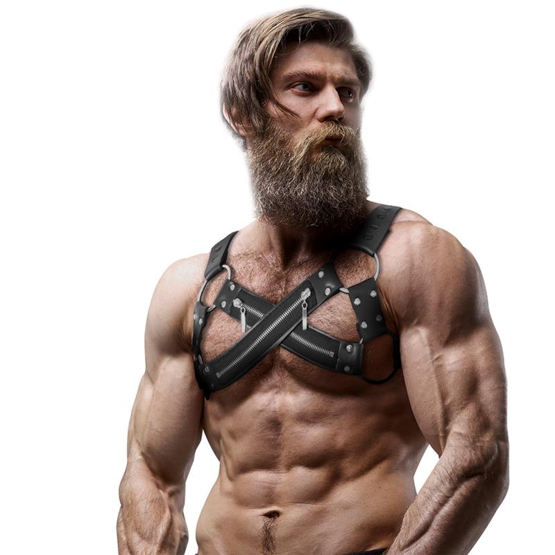 ADJUSTABLE NEOPRENE CROSS-OVER CHEST BULLDOG HARNESS WITH ZIPPERS FOR MEN