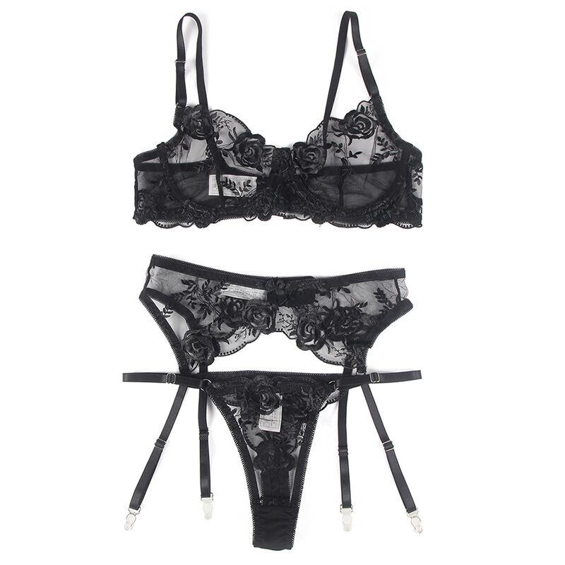 SET OF 3 PIECES BRA + THONG + GARTER FLORAL PRINT BLACK S/M