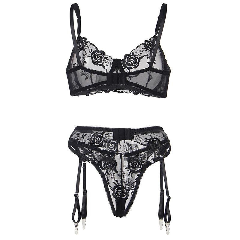 SET OF 3 PIECES BRA + THONG + GARTER FLORAL PRINT BLACK S/M