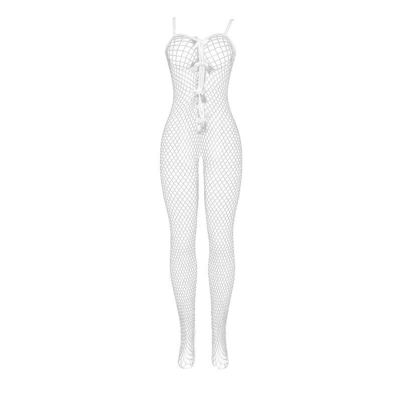 951740 BODYSTOCKING WHITE FISHNET CROTCHLESS WITH BOWS ONE SIZE