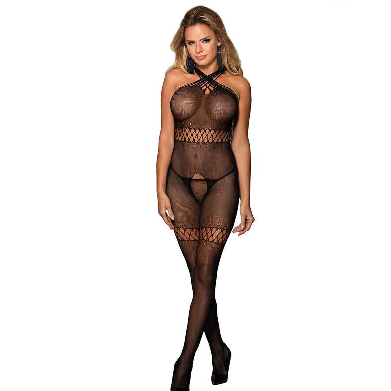 951948 FISHNET BODYSTOCKING WITH CROSSED NECK STRAPS BLACK ONE SIZE