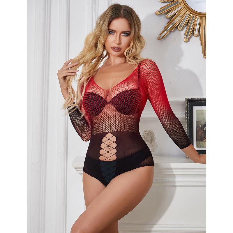 952259 RED AND BLACK GRADIENT LONG SLEEVE ELASTIC FISHNET DRESS ONE SIZE