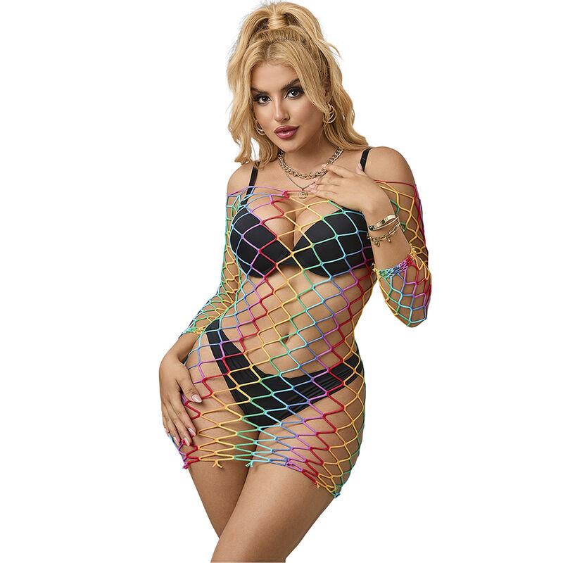 952426 RAINBOW LONG SLEEVE FISHNET DRESS ONE SIZE