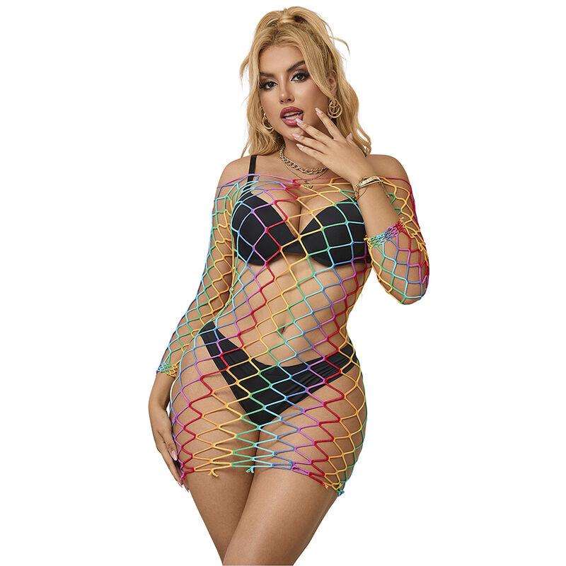 952426 RAINBOW LONG SLEEVE FISHNET DRESS ONE SIZE