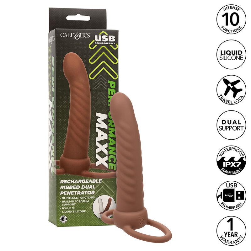 MAXX RIBBED DUAL PENETRATOR 10 VIBRATIONS BROWN