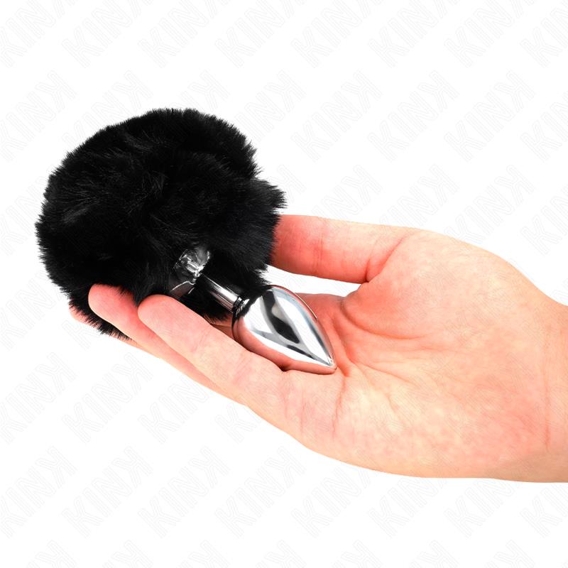 STAINLESS STEEL PLUG 7 x 3 CM WITH BLACK FAUX FUR RABBIT TAIL 8 CM