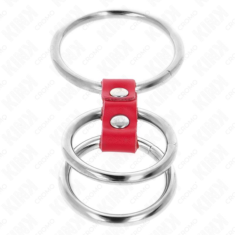 TRIPLE METAL PENIS RING 3.7 CM TO 5 CM CONNECTED WITH RED LEATHER