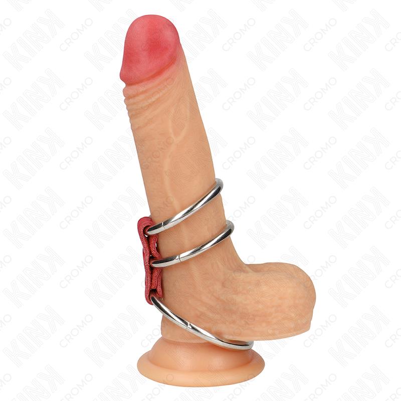 TRIPLE METAL PENIS RING 3.7 CM TO 5 CM CONNECTED WITH RED LEATHER