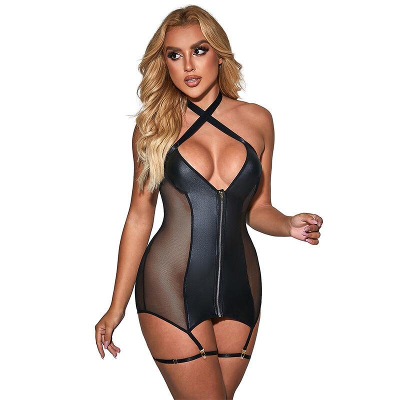 954444 SEXY MESH DRESS LEATHER BLACK S/M