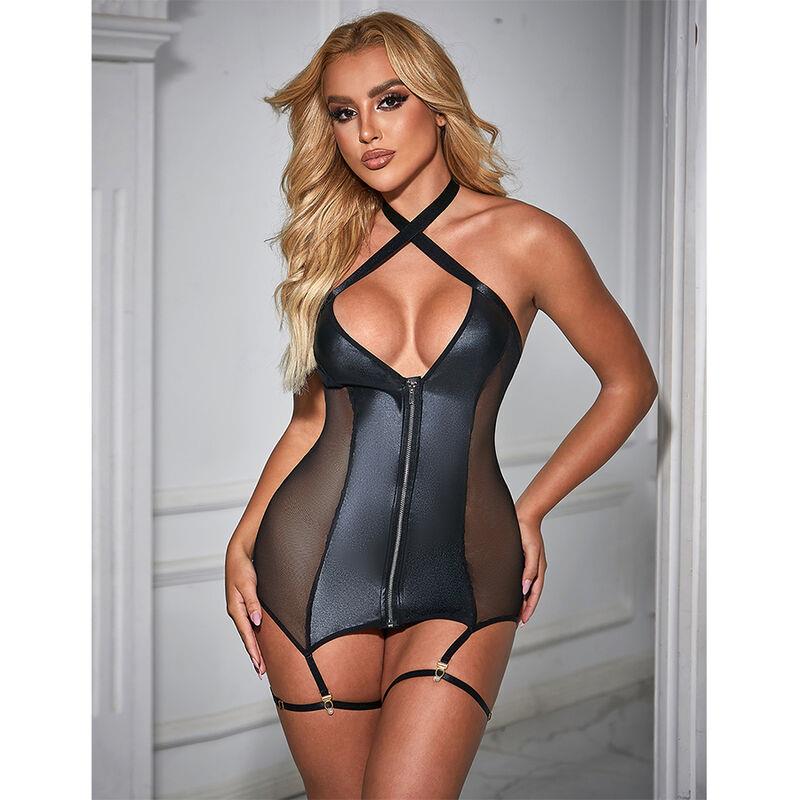 954444 SEXY MESH DRESS LEATHER BLACK S/M
