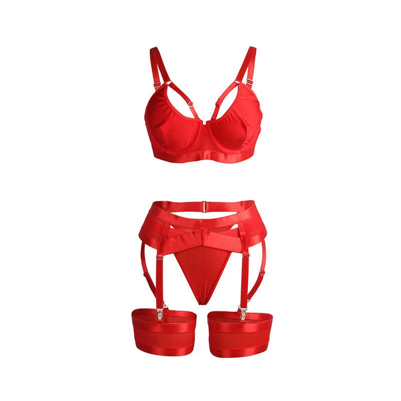 955250 RED BONDAGE BRA WITH GARTER SET S/M