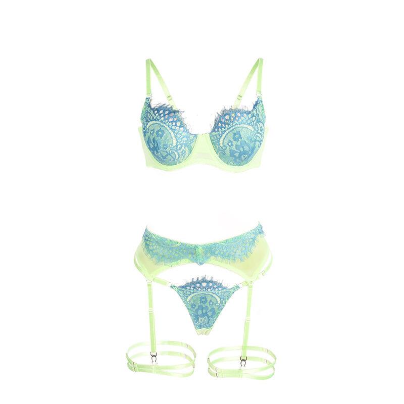 955311 SET OF BRA WITH LACE AND GARTER LINES GREEN AND BLUE S/M