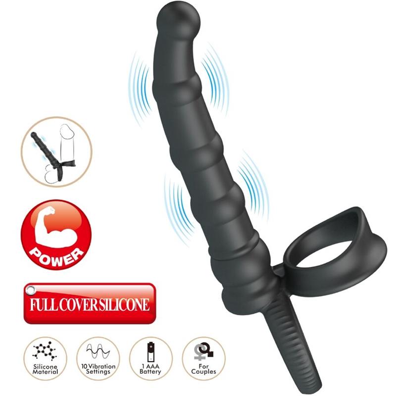 TATUM VIBRATING PENIS RING WITH PLUG 10 VIBRATIONS BLACK